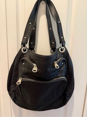 Perlina Black Leather Shoulder Bag with Silver Hardware